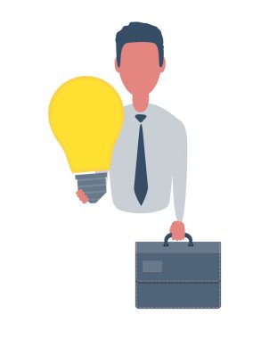 Elinde bavul ve ampul tutan bir işadamı ya da tezgahtar. Basit bir erkek karakter, düz vektör çizimi. İş konsepti. Beyaz arkaplanda izole.