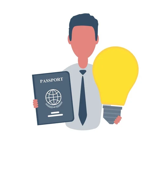 Businessman or clerk holding a passport and a lightbulb. Male character in simple style, flat vector illustration. Business concept. Isolated on white background. — Stock Vector