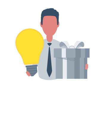Elinde bir hediye kutusu ve ampul tutan bir işadamı ya da tezgahtar. Basit bir erkek karakter, düz vektör çizimi. İş konsepti. Beyaz arkaplanda izole.