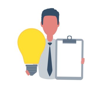 Bir anket ve yazı kağıdı tutan bir işadamı ya da tezgahtar. Basit düz bir erkek karakter, vektör çizimi. İş konsepti. Beyaz arkaplanda izole.