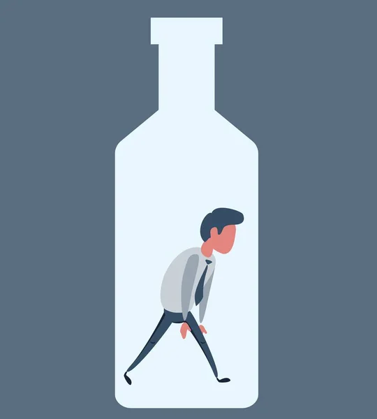 Alkohol und Sucht, Junge männliche Figur gefangen in einer Flasche, Gesundheitsprobleme — Stockvektor