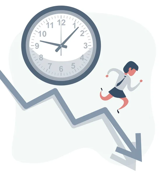 Concept of missing deadline, bad time management. Scene of tired, nervous, stressed female at work. Sad businesswoman running away from a big clock . Big fail. —  Vetores de Stock