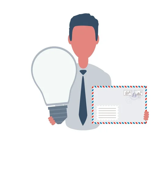 Businessman or clerk holding a envelope and a lightbulb. Male character in simple style with objects, flat vector illustration. Business concept. Isolated on background. — Vetor de Stock