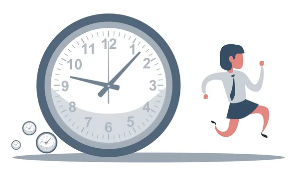 Concept of missing deadline, bad time management. Scene of tired, nervous, stressed female at work. Sad businesswoman running away from a big clock . Big fail. — Διανυσματικό Αρχείο