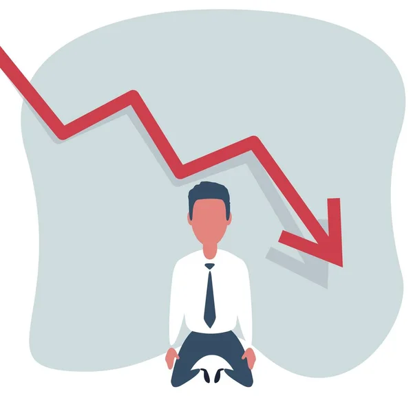 Sad Shocked Businessman Vector. Losing Money. Graph Going Down. Male Standing On His Knees. — Stock Vector