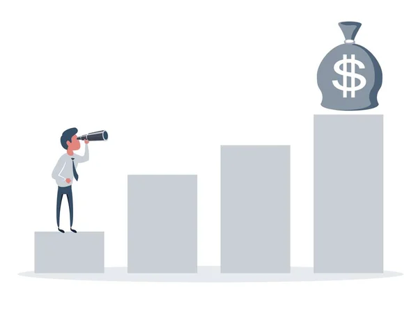Muž, který drží dalekohled a vidí peníze. Koncepce vylepšení. — Stockový vektor