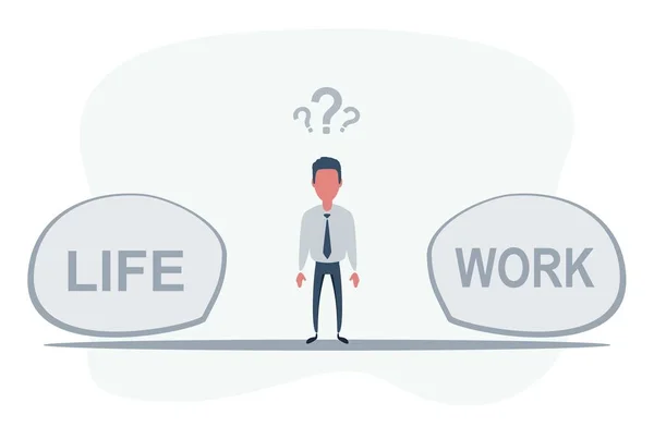 Hombre parado en el medio entre la vida y el trabajo. Concepto de equilibrio entre trabajo y vida. — Archivo Imágenes Vectoriales