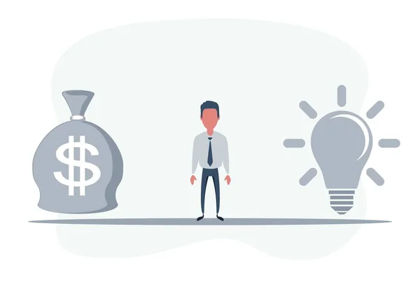 Man Standing in the middle between Idea Lightbulb and money bag. Idea or money. Business concept. — Stock Vector