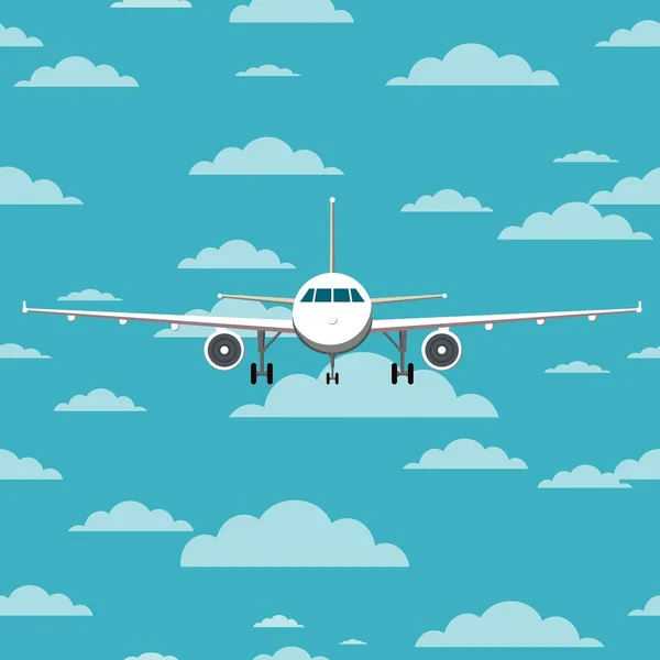 Airplane front view. Blue sky with clouds. Flat vector illustration. — Stock Vector