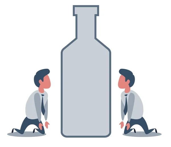 Unglücklicher trauriger Alkoholiker mit Trinkflasche. Alkoholismus Süchtige Problem Abhängigkeit schlechte Angewohnheit. — Stockvektor