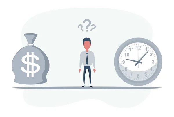 Empresário de pé entre relógio e saco com símbolo de dólar e equilibrando dinheiro e tempo. — Vetor de Stock
