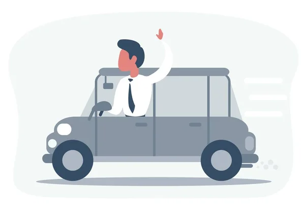 Zakenman rijdt met de auto en zwaait naar iemand. Ik zeg hallo. Vector, illustratie — Stockvector