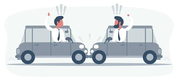 Conflit entre deux conducteurs en voiture, personne ne veut céder la place à l'autre. Les hommes se disputent et jurent, par les fenêtres latérales. Route encombrée. — Image vectorielle