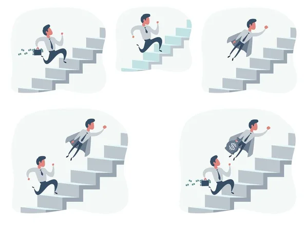 Biznesmen biegnie po schodach do sukcesu. Krok do sukcesu. Schody do sukcesu. Zestaw. — Wektor stockowy