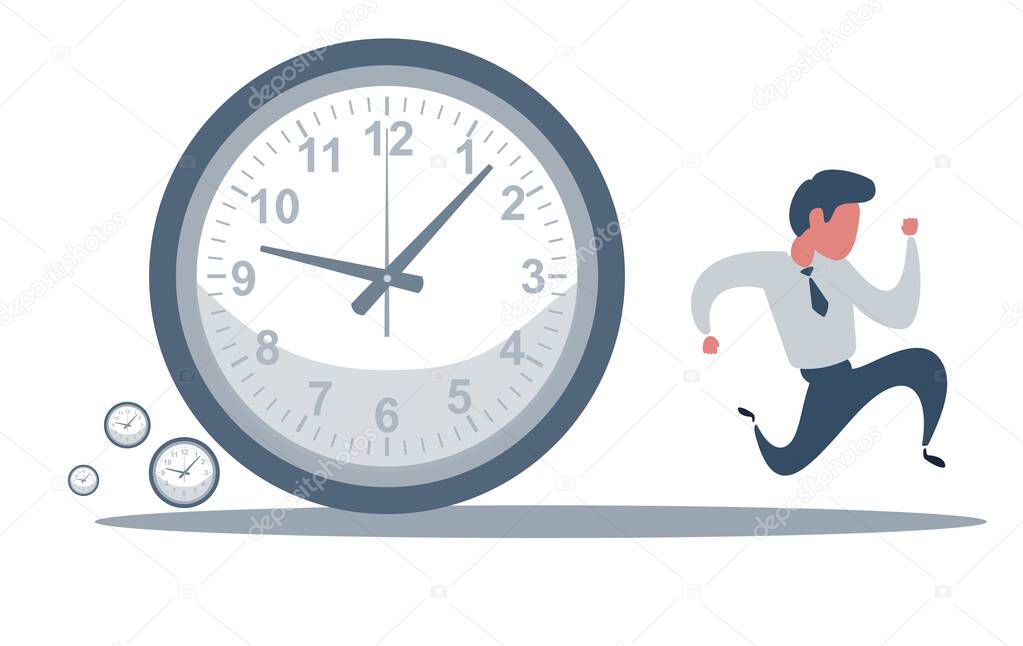 Concept of missing deadline, bad time management. Scene of tired, nervous, stressed male at work. Sad businessman running away from a big clock . Big fail.