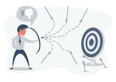 Adam ya da iş adamı yaylı ve kayıp okla hedefe ateş ediyor. İşletme başarısızlık kavramı.