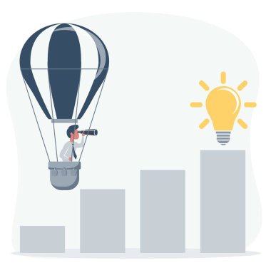 İş adamı sıcak hava balonuyla uçar ve teleskopla bakar. İnsan yeni bir ufuk, yeni iş fırsatları arar..