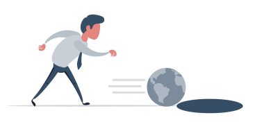 Adam oyuncakmış gibi küreyle oynuyor. Küresel ısınma kavramı ve çevreyi yok etme sembolü, sorumsuz bir adam, dünyayı bir çukura itiyor..