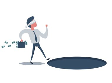 Cartoon character, Blindfolded businessman going to find money and does not see pit hole. clipart
