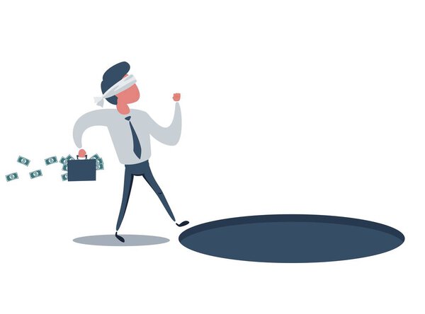 Cartoon character, Blindfolded businessman going to find money and does not see pit hole.