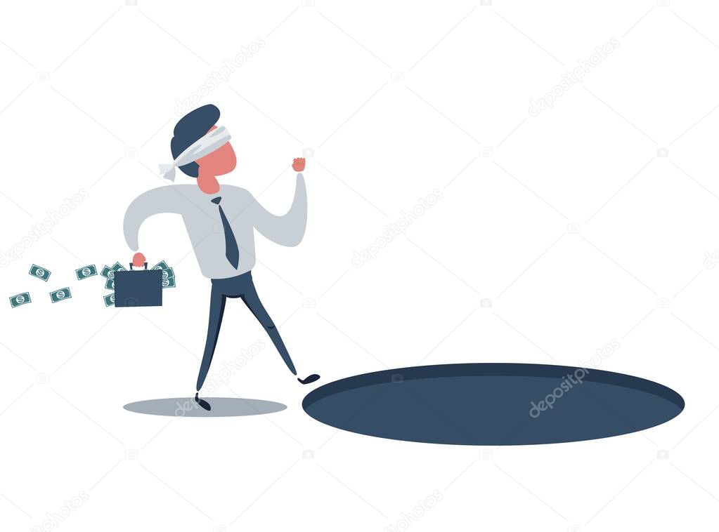 Cartoon character, Blindfolded businessman going to find money and does not see pit hole.