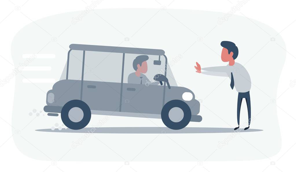 Car driver emergency brakes in front of pedestrian on road. Pedestrian crosses the road in the wrong place. Dangerous situation, traffic violation. Vector illustration, flat cartoon style.