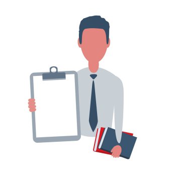 Elinde boş bir kağıt ve kitap tutan bir işadamı ya da tezgahtar. Nesnelerle basit tarzda erkek karakter, düz vektör illüstrasyonu. Beyaz arkaplanda izole.