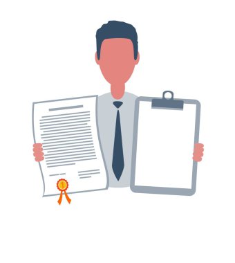 Elinde boş bir kağıt ve kazanan sertifikası olan bir işadamı ya da tezgahtar. Nesnelerle basit tarzda erkek karakter, düz vektör illüstrasyonu. Beyaz arkaplanda izole.