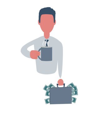 Bir bavul dolusu para ve bir fincan çay taşıyan bir iş adamı ya da tezgahtar. Nesnelerle basit bir şekilde erkek karakter. İş konsepti. Beyaz arkaplanda izole.