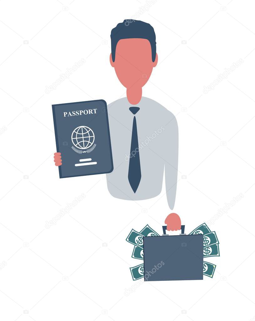 Businessman or clerk holding a suitcase with money and a passport. Male character in simple style with objects, flat vector illustration. Isolated on white background.