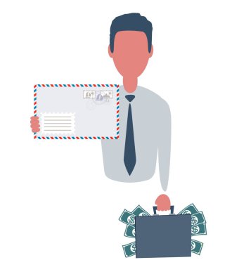 İçinde para ve zarf olan bir bavul tutan bir iş adamı ya da tezgahtar. Nesnelerle basit tarzda erkek karakter, düz illüstrasyon. İş konsepti. Beyaz arkaplanda izole.