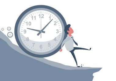 Concept of the anxiety of passing time, with a man who tries to stop time, symbolized by a clock that pushes him on a slope, to a fatal outcome. clipart