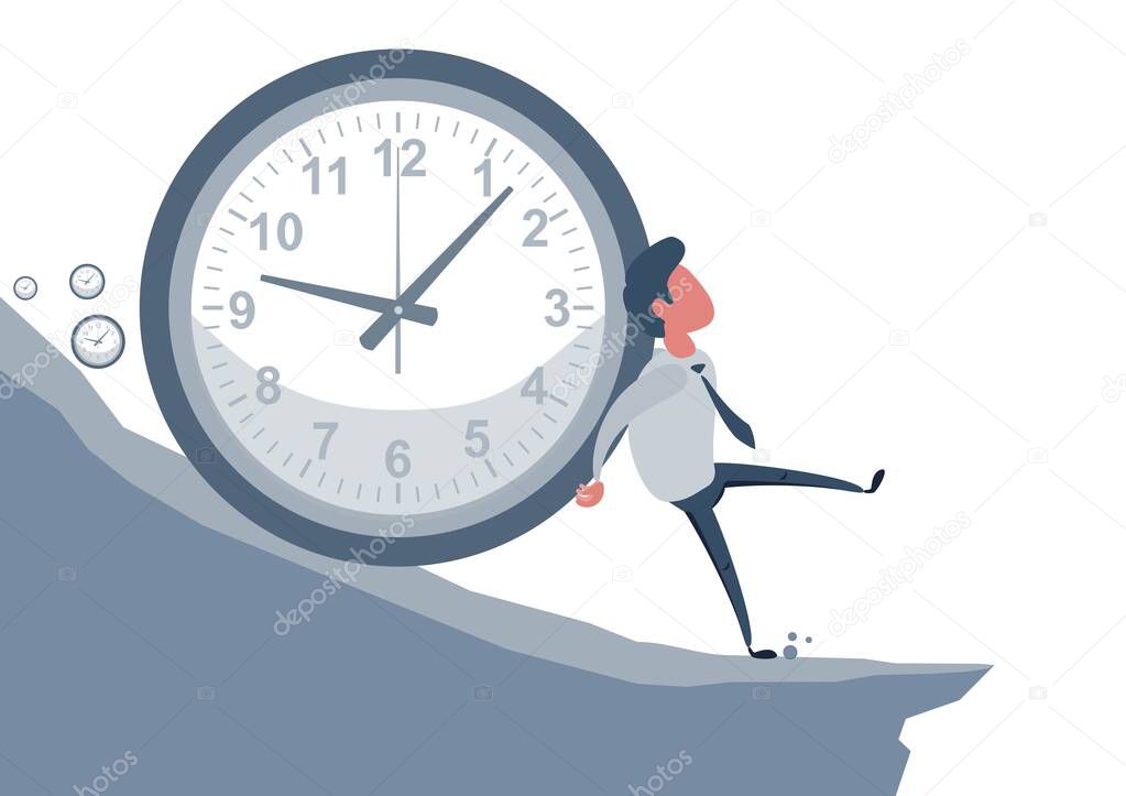 Concept of the anxiety of passing time, with a man who tries to stop time, symbolized by a clock that pushes him on a slope, to a fatal outcome.