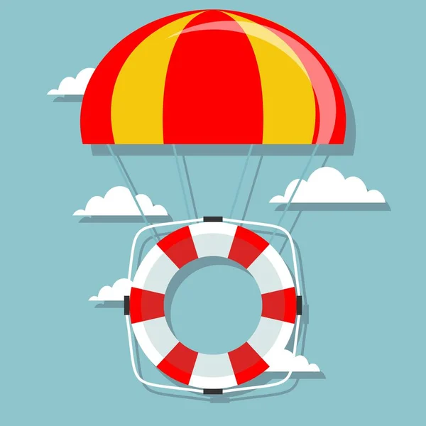 Life buoy with parachute in the sky. — Stock Vector