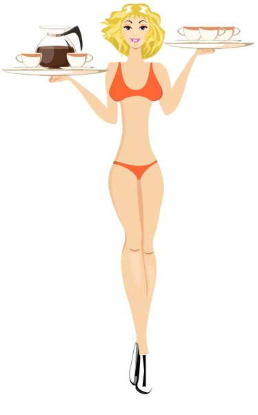 Serveuse blonde en maillot de bain avec un pot de café et des tasses sur des plateaux — Image vectorielle