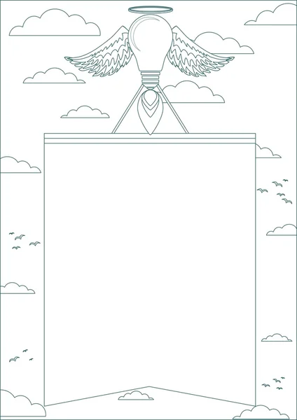 Poster de levage d'ampoule avec ailes dans le ciel, nuages et oiseaux, contour. Vecteur — Image vectorielle