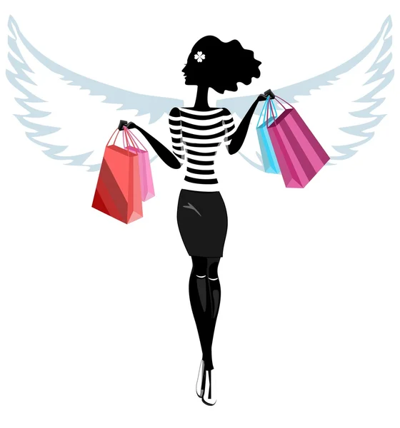 Silhouette of a pretty young woman angel with the purchase. Vector. Illustration — Stock Vector