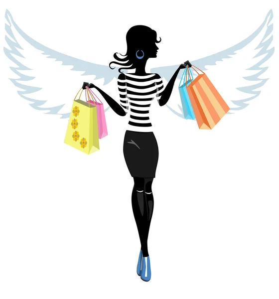Silhouette of a Pretty Young Woman Angel with the Purchase. Vector. Illustration — Stock Vector