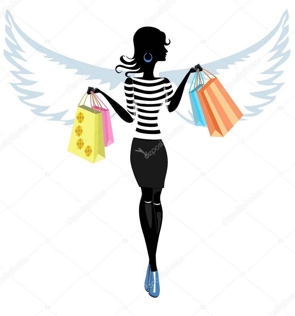 Silhouette of a Pretty Young Woman Angel with the Purchase. Vector. Illustration