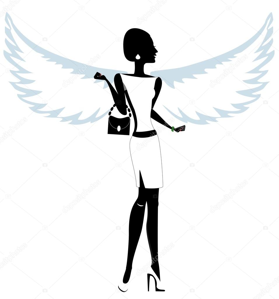 Silhouette of a Young Woman with Angel Wings. Vector. Illustration