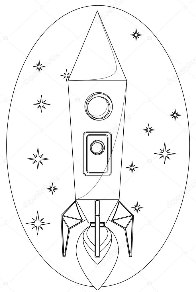 Rocket Flying in the Space among a Stars, Contour line Drawing. Vector