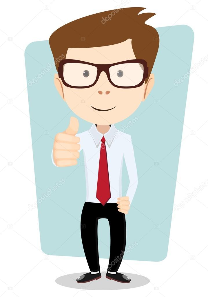 Smiling and winking cartoon business man giving the thumbs up.