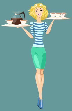 Girl Waitress Carrying a Tray With Cups Of Coffee And Tea, Vector clipart