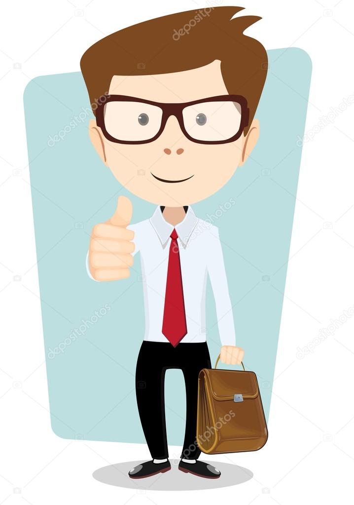 Smiling winking cartoon business man giving the thumbs up with briefcase.