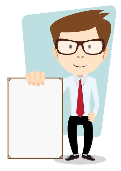 Cartoon zakenman uit te leggen en wijzend op leeg wit bord, plakkaat... Voorraad vectorillustratie — Stockvector