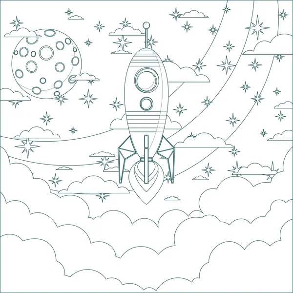 Cohete volador de dibujos animados en el cielo. Vector de contorno — Archivo Imágenes Vectoriales