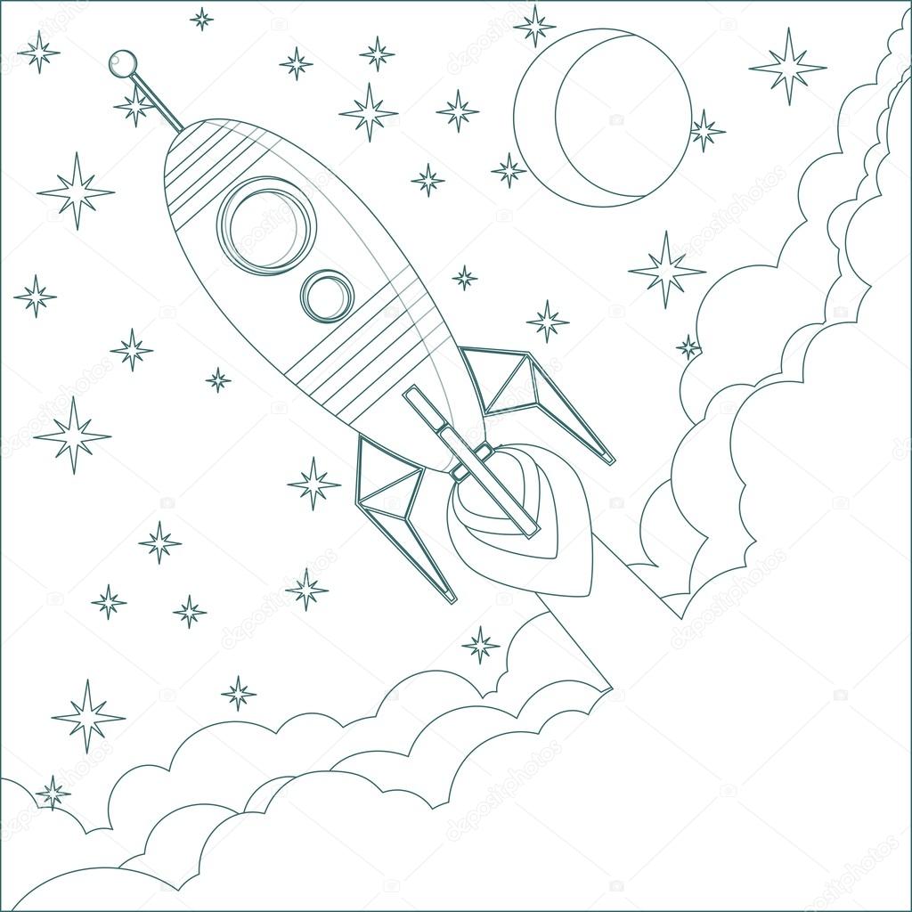 Cartoon Flying Rocket in the Sky with moon and stars.  Contour vector