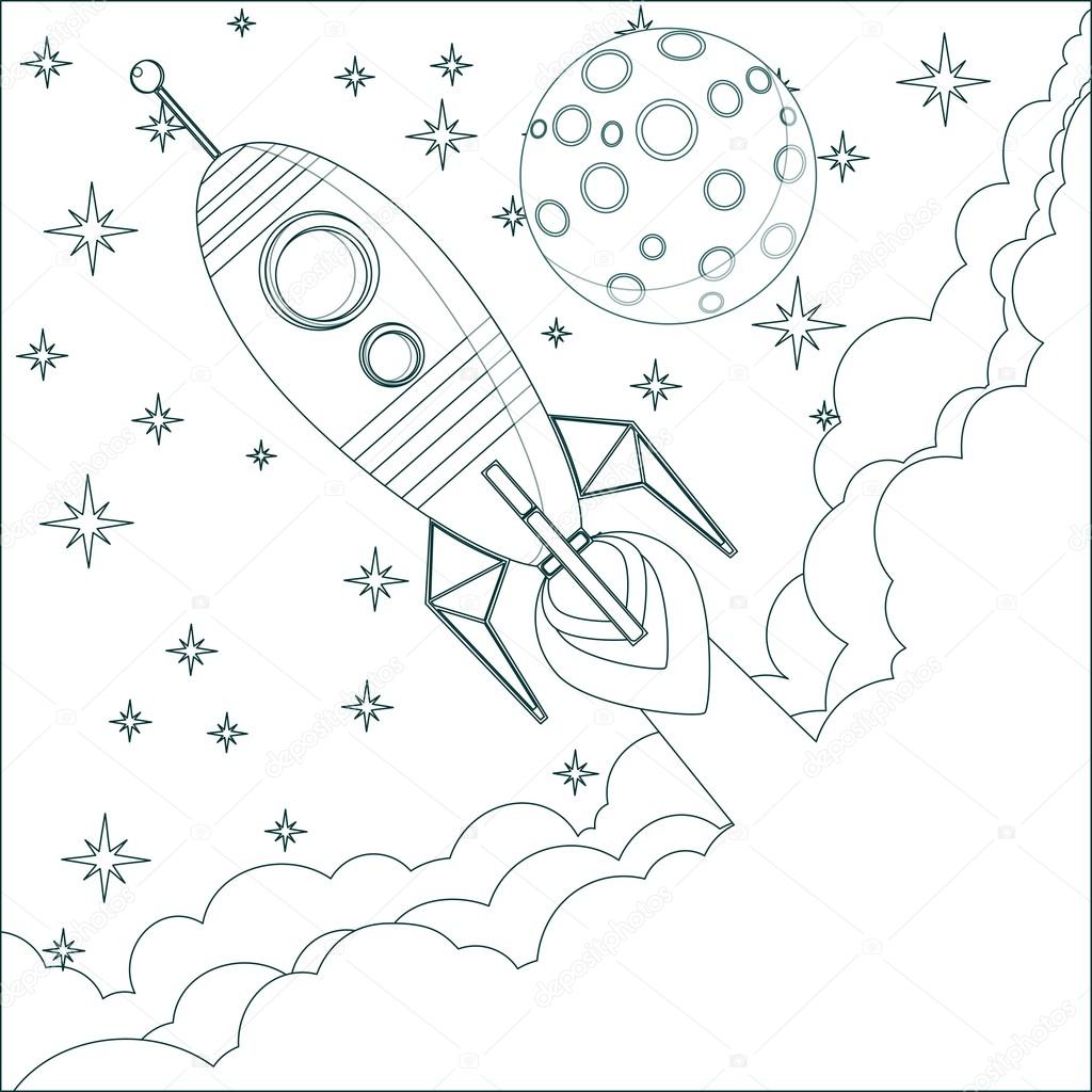 Razzo del fumetto Luna in cielo con spazio per testo — Vettoriali Stock Vector Illustration di uno spazio di Cartoon Rocket Luna nel cielo stellato con spazio per testo tra le nuvole — Vettoriali di Aleksei veprev