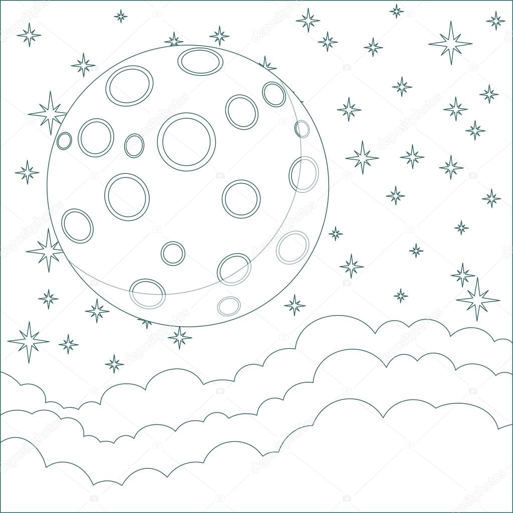 Illustration of a Cartoon moon with space for text in the clouds