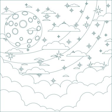 Bulutlarda metin için yer ile çizgi film ay. Kontur, anahat